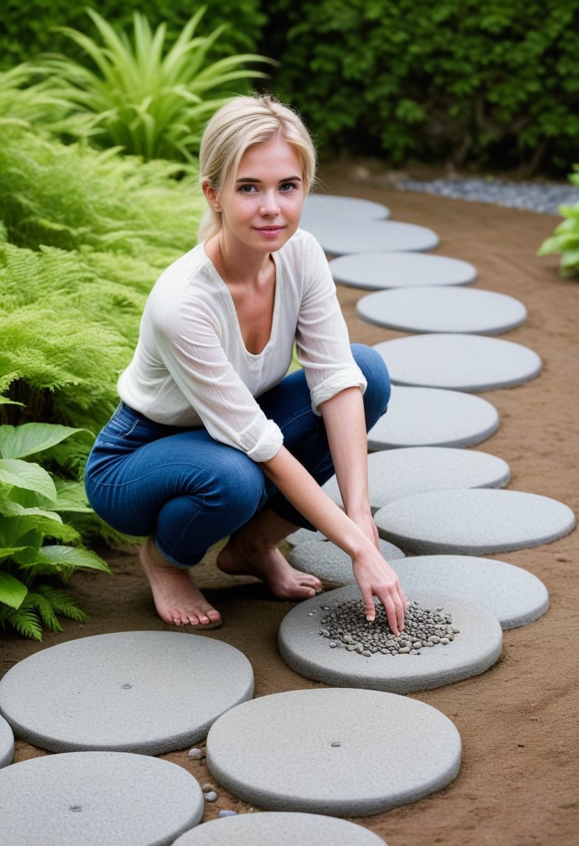 A serene woman posing on stepping stones amidst lush greenery and carefully raked gravel in a traditional garden. 