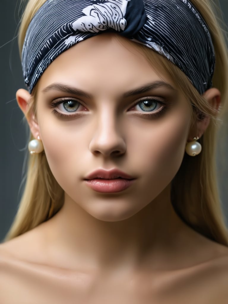 1girl, solo, looking at viewer, jewelry, upper body, pearl earring, intense eyes, parted lips, headband, traditional media, realistic, bandana, painting \(medium\) looking anxious 