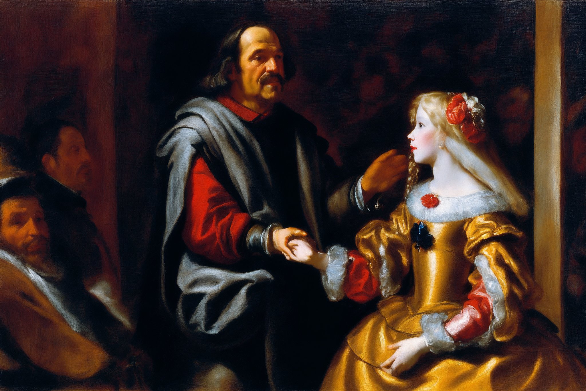 A Baroque-inspired scene unfolds: a rugged male figure, dressed in dark grey jersey and cap, wraps his arm around the slender form of a young woman, her long blonde hair and bangs framing her porcelain doll-like face. Her bright red oversized sweater glows under the soft night lights as they share a warm smile. Their eyes lock in a tender moment.,Velazquez,Baroque Painting, circa 1640