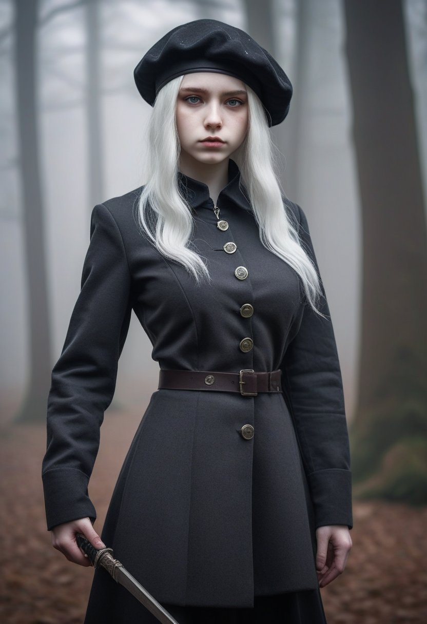 A stern-faced (elf girl:1.3), 16yo, stands formally, her pale skin a canvas for the wispy freckles that dance across her features. Her platinum blonde hair falls in straight, silky strands down her back, framing her sharp jawline and piercing grey eyes, which narrow into a scowl. A sleek black military school jacket with high collar and chin strap is cinched at her waist, showing cleavage, complemented by a black beret perched atop her head. Circle glasses with thin frames perch on the end of her nose, lending an air of intelligent intensity to her countenance. Her bangs are trimmed close to her eyebrows, adding to her overall sense of formality and discipline. The fantasy setting is marked by subtle hints of mysticism in the misty background, where ancient trees and mysterious orbs seem to whisper secrets to the wind.