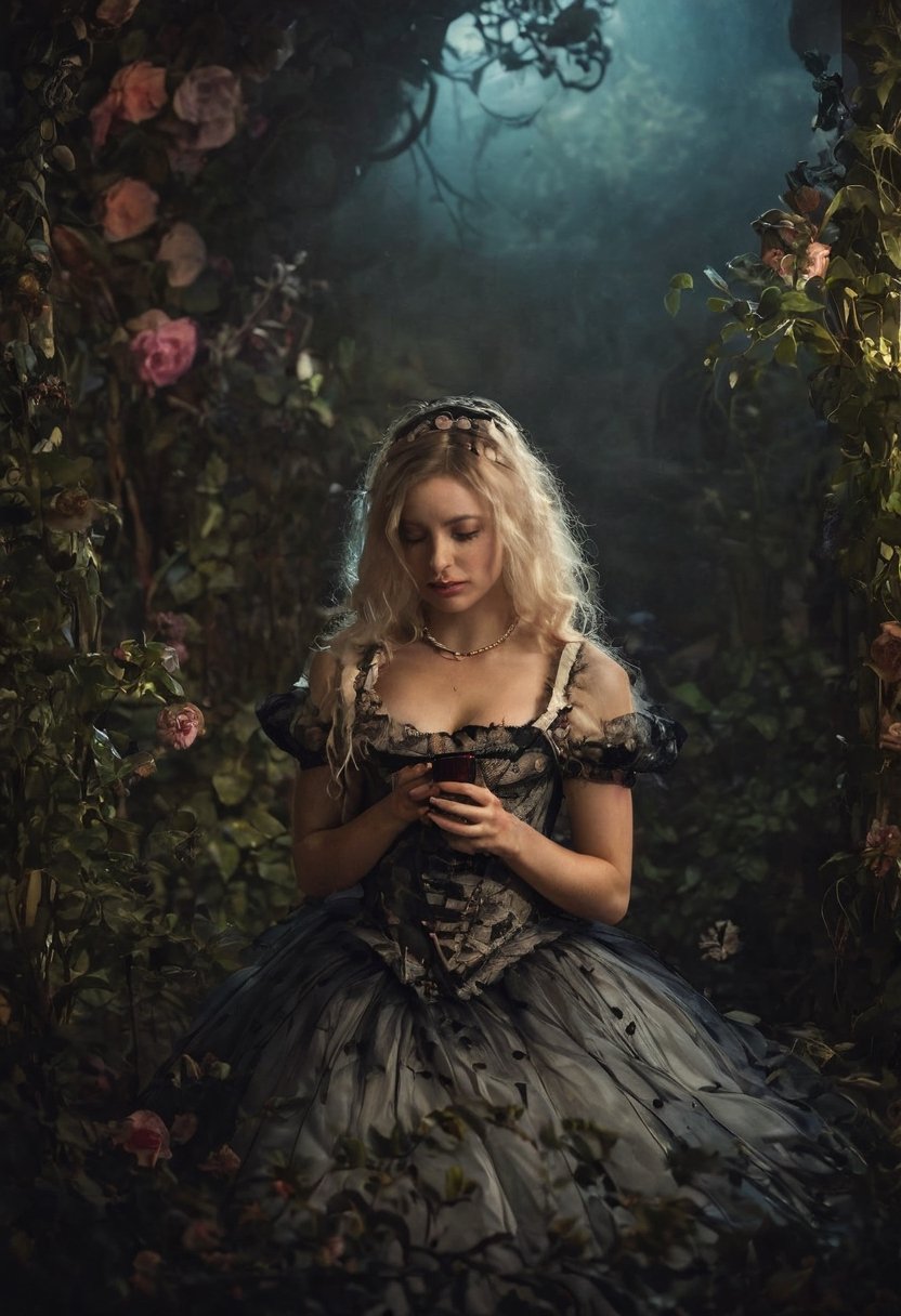 Enigmatic and beautiful woman in an Alice in Wonderland setting, crying obsidian black tears, deep emotional expression, surreal and whimsical atmosphere, Victorian dress, gothic elegance, ethereal glow, fantastical surroundings, hyperrealistic, dramatic chiaroscuro lighting, whimsical elements like oversized flowers and curious creatures, magical and dreamlike quality.,1girl