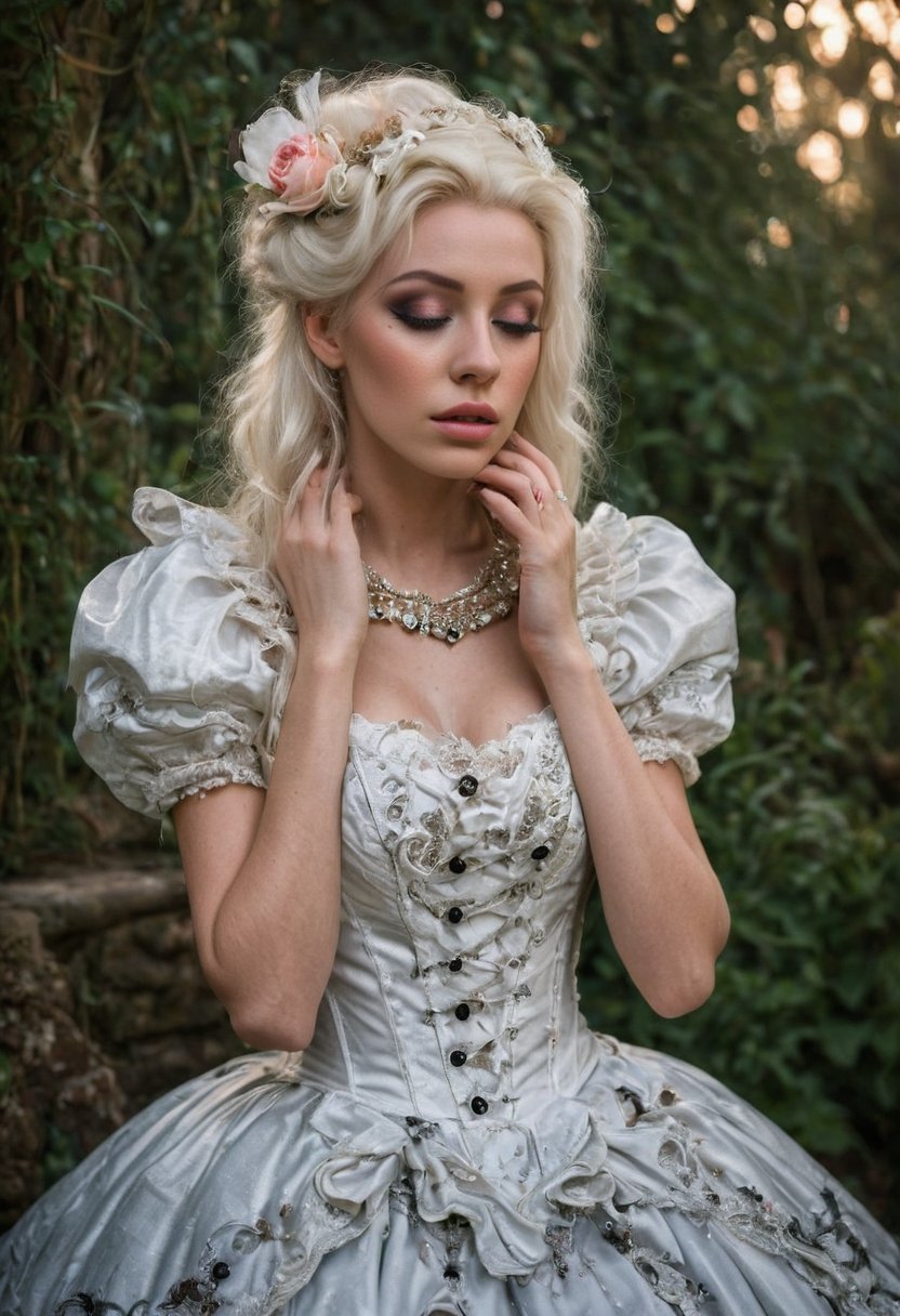 Enigmatic and beautiful woman in an Alice in Wonderland setting, crying obsidian black tears, deep emotional expression, surreal and whimsical atmosphere, Victorian dress, gothic elegance, ethereal glow, fantastical surroundings, hyperrealistic, dramatic chiaroscuro lighting, whimsical elements like oversized flowers and curious creatures, magical and dreamlike quality.,1girl