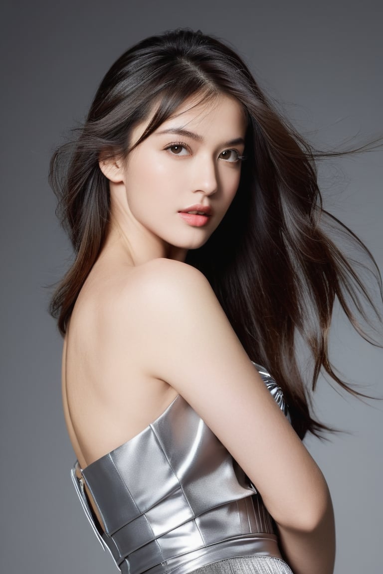 A close-up shot of a statuesque fashion model, her long straight hair cascading down her back with subtle wisps framing her face. Her bangs are perfectly tousled, adding to her alluring gaze. The camera's focus is on the stunning silver strapless dress, its sleek design accentuating her ample bust and toned physique as she strikes a confident pose against a neutral background, her microdress daringly short but not revealing. Her large breasts bravely holding her dress up.