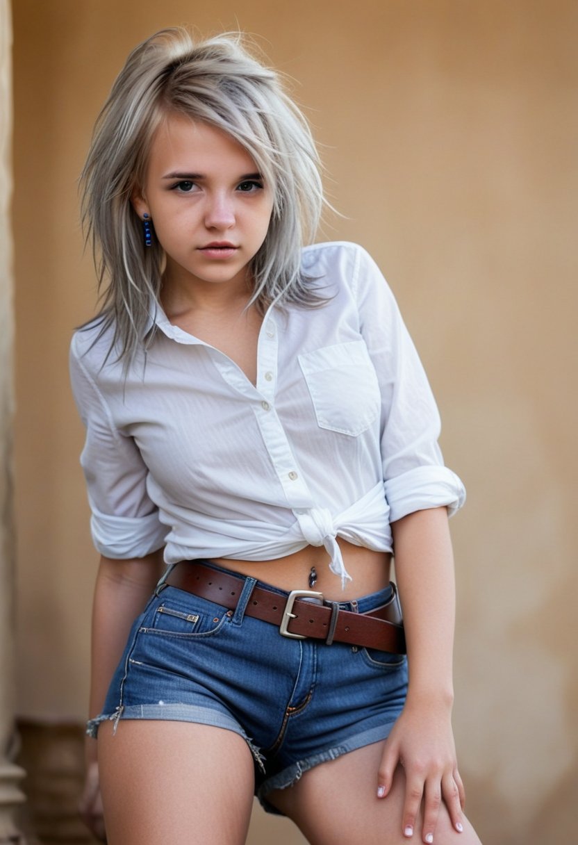 A sultry outdoor setting: A young girl, her piercing gaze unwavering. She sports a crisp white shirt cinched at her waist by a belt, while her short denim shorts showcase toned legs. Her confident pose features a dynamic rear view, as she stands with one hip cocked, tattered tight cutoff jeans with fringe framing a perfectly rounded rear end that peeks out from beneath the hem. The blurred background fades into obscurity, focusing our attention on her unapologetic pose and radiant hair.