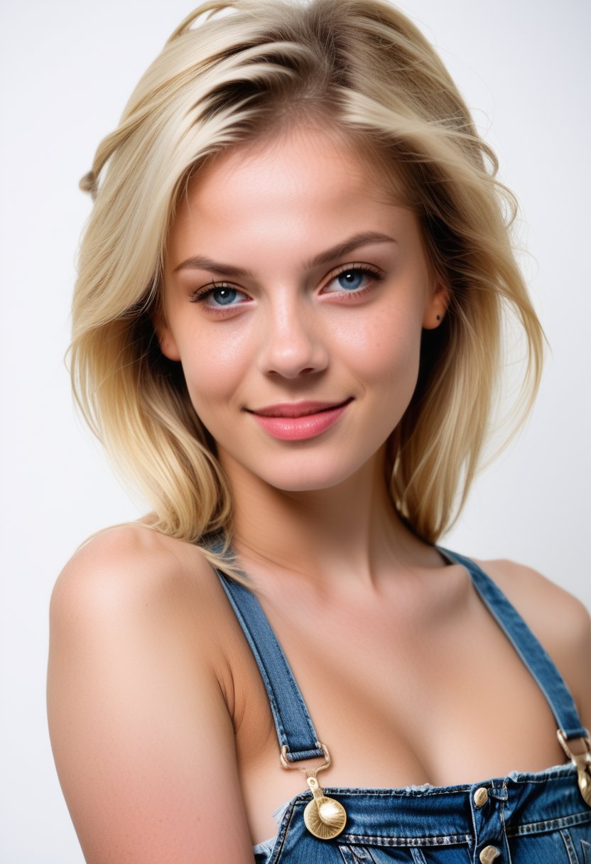 young woman with short, blonde hair and a scattering of freckles across her cheeks sits in front of a pure white background, her bare shoulders and upper body visible. Her eyes are cast slightly downward, while her lips curl into a subtle smile. A pair of overalls hangs loosely from her waist, adding a touch of playfulness to the otherwise minimalist composition. Soft, natural light illuminates her features, accentuating the texture of her skin. Photographer Richard Avedon, 1girl, dynamic pose 