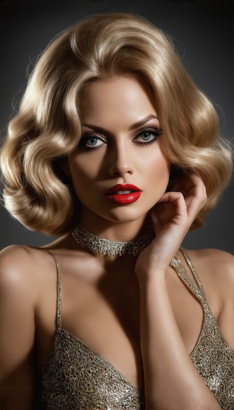 (A beguilingly elegant femme fatale, reminiscent of old Hollywood glamour, exudes the allure of "Casablanca" in every pose. Her cascading locks, styled in vintage waves, frame a face graced with smoky eyes and scarlet lips, embodying timeless beauty. The background, a smoky jazz club, sets the scene for intrigue and romance. This hyper-realistic painting captivates with its exquisite attention to detail, evoking the golden age of cinema with stunning clarity and depth), Detailed Textures, high quality, high resolution, high Accuracy, realism, color correction, Proper lighting settings, harmonious composition, Behance works,sheila