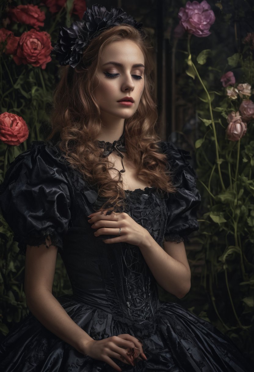 Enigmatic and beautiful woman in an Alice in Wonderland setting, crying obsidian black tears, deep emotional expression, surreal and whimsical atmosphere, Victorian dress, gothic elegance, ethereal glow, fantastical surroundings, hyperrealistic, dramatic chiaroscuro lighting, whimsical elements like oversized flowers and curious creatures, magical and dreamlike quality.,1girl