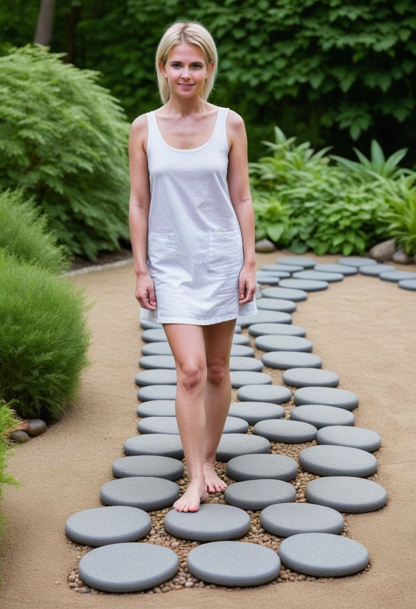 A serene woman posing on stepping stones amidst lush greenery and carefully raked gravel in a traditional garden. 