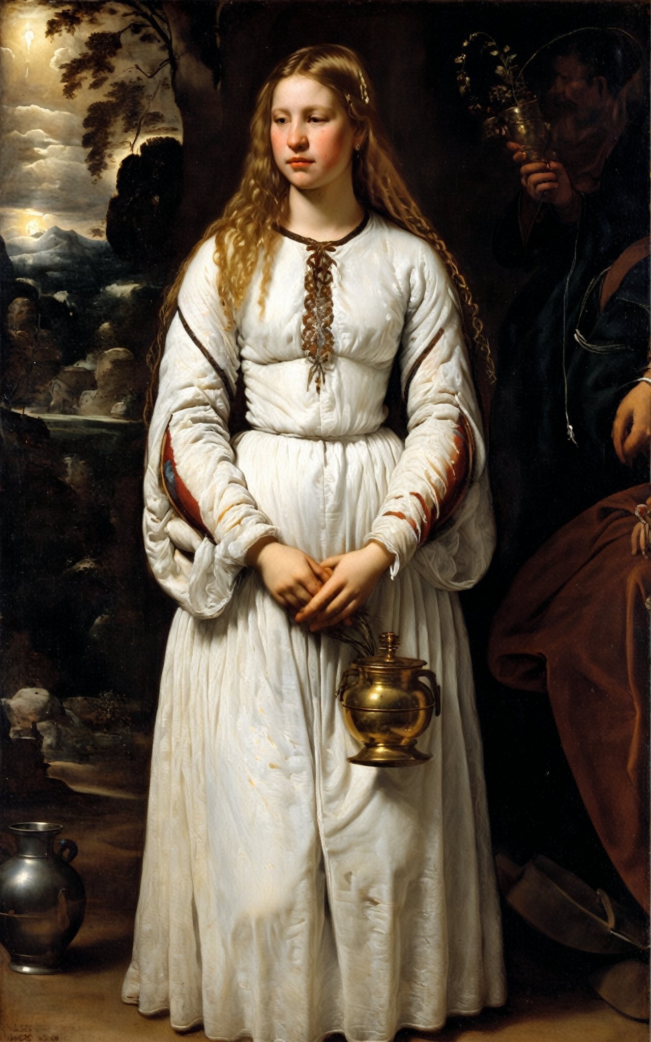 A serene portrait of a girl with long, golden blonde hair intricately adorned with multiple complex braids, stands tall in a white gossamer bell-sleeve dress, its delicate fabric shimmering under warm, golden light. Framed from the waist up, her flowing gown and braided locks take center stage. The soft glow highlights the gentle curves of her face and subtle smile, as if captured in a fleeting moment of quiet contemplation. Oil on canvas by Velazquez, circa 1640.