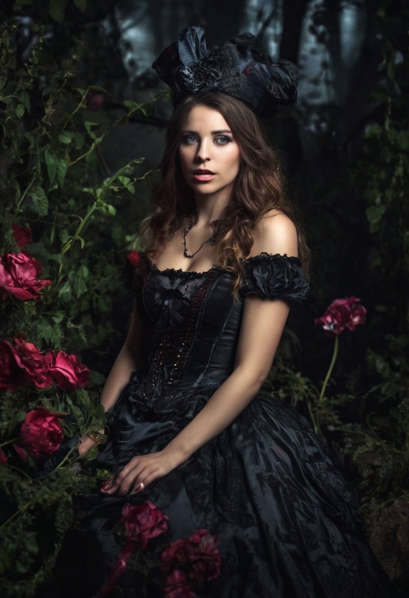 Enigmatic and beautiful woman in an Alice in Wonderland setting, crying obsidian black tears, deep emotional expression, surreal and whimsical atmosphere, Victorian dress, gothic elegance, ethereal glow, fantastical surroundings, hyperrealistic, dramatic chiaroscuro lighting, whimsical elements like oversized flowers and curious creatures, magical and dreamlike quality.,1girl