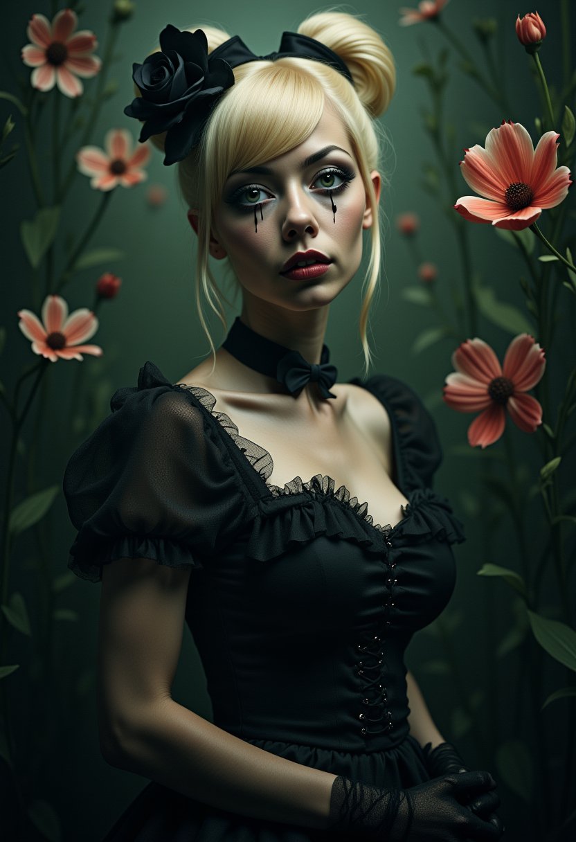 Enigmatic and beautiful woman in an Alice in Wonderland setting, crying obsidian black tears, deep emotional expression, surreal and whimsical atmosphere, Victorian dress, gothic elegance, ethereal glow, fantastical surroundings, hyperrealistic, dramatic chiaroscuro lighting, whimsical elements like oversized flowers and curious creatures, magical and dreamlike quality.,1girl,photographic images of a blonde woman