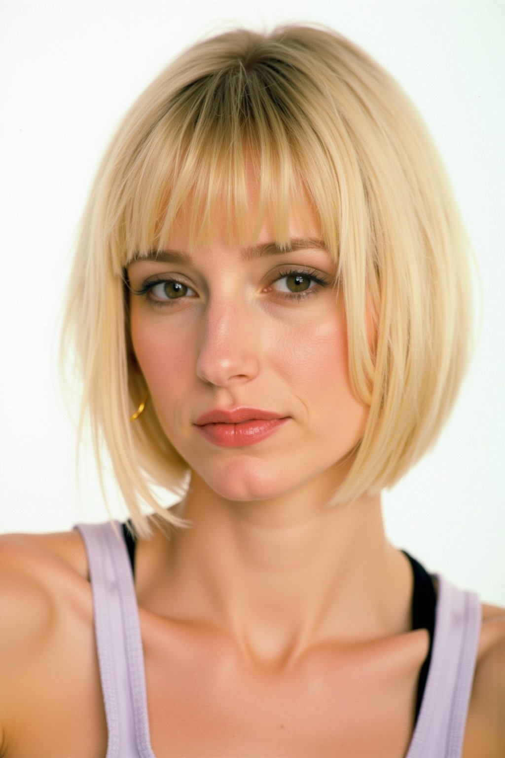 A luminous blonde woman with bob cut and bangs centers the frame, her face softened in focus against a blank background. Her direct yet subtle gaze conveys intimacy. Avedon's sharp lighting highlights the curves of her eyebrows and nose, showcasing the subject's features. She wears Ralph Lauren active wear for a fashion magazine spread, poised in confidence and elegance.