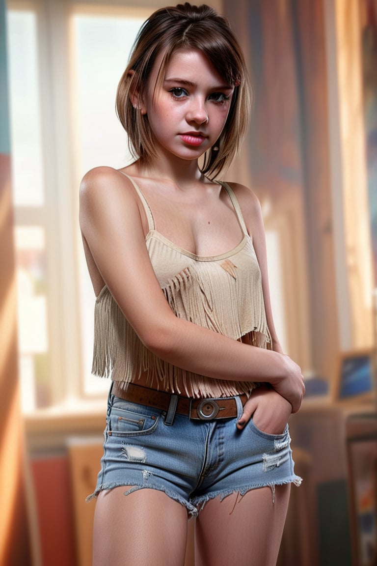 professional photograph of a young woman indoors, brown hair,
hyperrealistic, masterpiece, 8k, trending on artstation, centerfold, hazy atmosphere, 
18yo, 1girl, more detail XL tattered tight cut off jean shorts with fringe on the bottom, ()