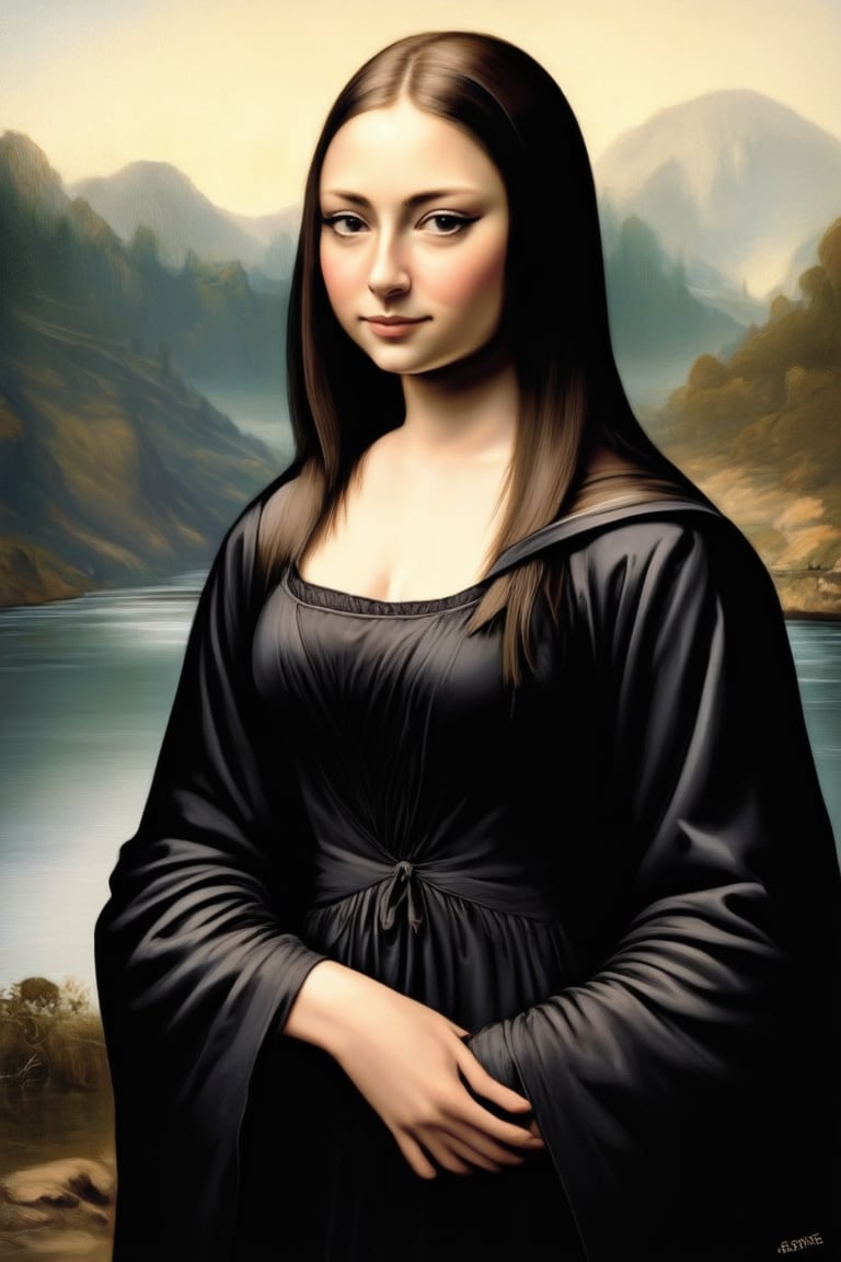 1girl, solo, looking at viewer, profile, upper body, long dark hair parted in the Middle, shaved eyebrows, wearing a dark dress and robes, background of a river valley, muted colors, based on Mona Lisa by Leonardo 