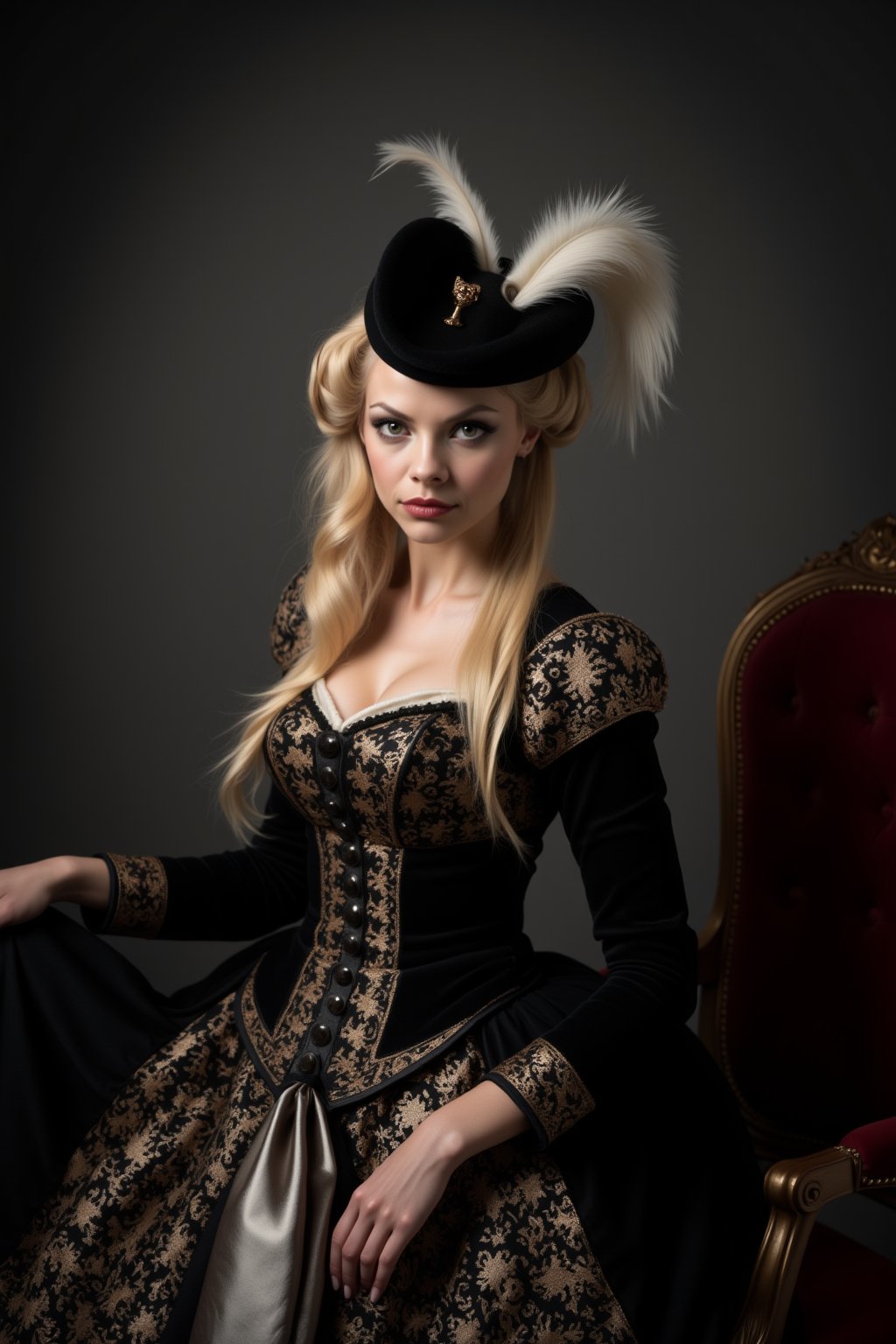 A photograph of a blonde woman performing cosplay as Anne of Austria, a portrait of a woman dressed in a black dress adorned with gold embroidery. The woman's head is adorned with a black cap, adorned with white feathers and a white ribbon. Her hair is styled in a bun, adding a touch of warmth to the scene. Her dress is adorned in a intricate pattern of black, white, and gold, while her left hand is draped in a silver scarf. The backdrop is a dark gray, and a chair with a red velvet seat is positioned to the right of the woman.