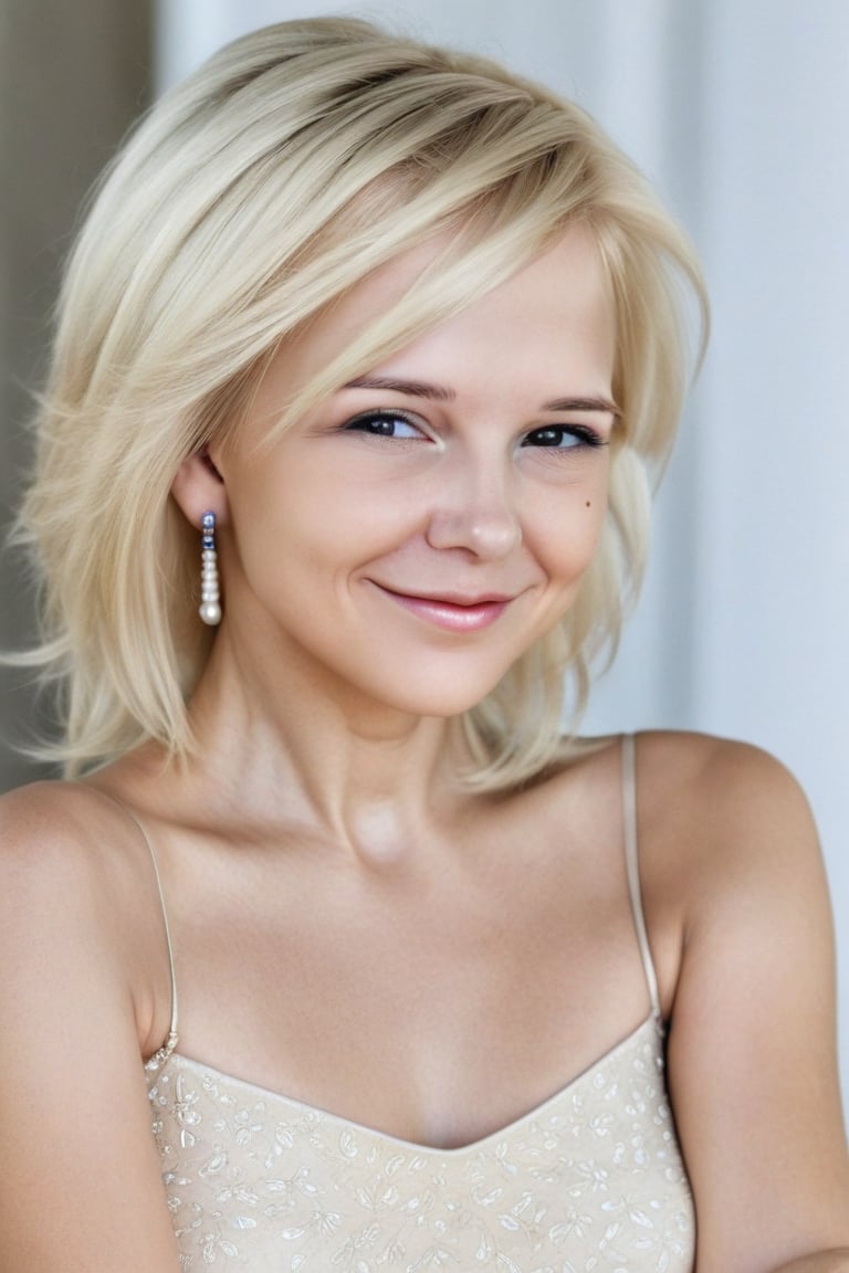 A stunning portrait of a single blonde girl, gazing directly at the viewer with a radiant smile. Her porcelain complexion is illuminated by soft, natural light, accentuating her features. A delicate pearl necklace adorns her neck, complemented by sparkling jewelry on her fingers and toes. Nail polish adds a pop of color to her manicured nails. Framed against a clean, formal background, the subject's confident grin fills the entire image, exuding an air of sophistication and charm.,(masterpiece, hyperrealistic, 8K, HDR,Short blonde hair,(masterpiece, hyperrealistic, 8K, HDR