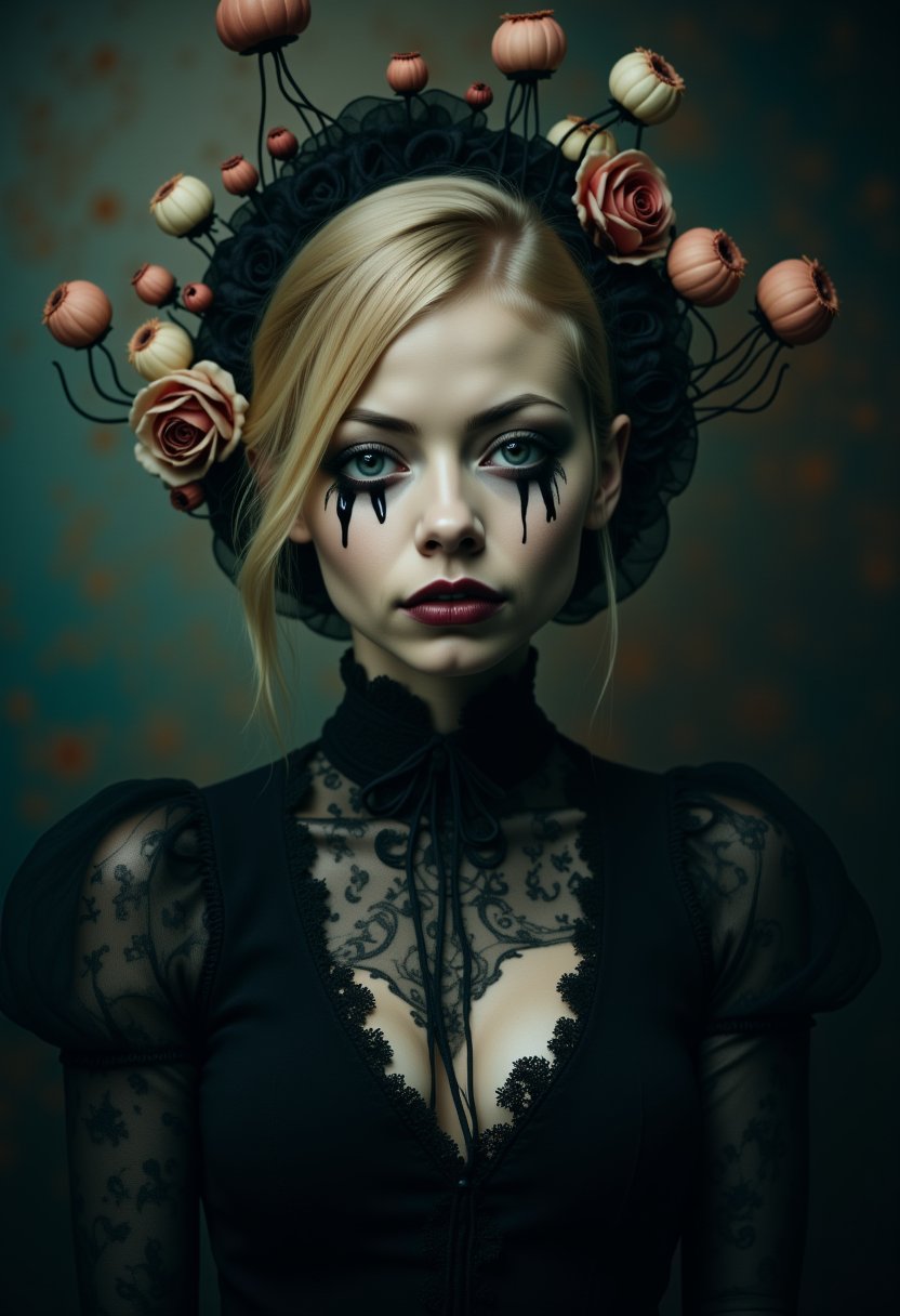 Enigmatic and beautiful woman in an Alice in Wonderland setting, crying obsidian black tears, deep emotional expression, surreal and whimsical atmosphere, Victorian dress, gothic elegance, ethereal glow, fantastical surroundings, hyperrealistic, dramatic chiaroscuro lighting, whimsical elements like oversized flowers and curious creatures, magical and dreamlike quality.,1girl,photographic images of a blonde woman