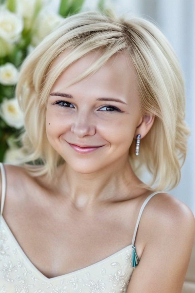 A stunning portrait of a single blonde girl, gazing directly at the viewer with a radiant smile. Her porcelain complexion is illuminated by soft, natural light, accentuating her features. A delicate pearl necklace adorns her neck, complemented by sparkling jewelry on her fingers and toes. Nail polish adds a pop of color to her manicured nails. Framed against a clean, formal background, the subject's confident grin fills the entire image, exuding an air of sophistication and charm.,(masterpiece, hyperrealistic, 8K, HDR,Short blonde hair,(masterpiece, hyperrealistic, 8K, HDR