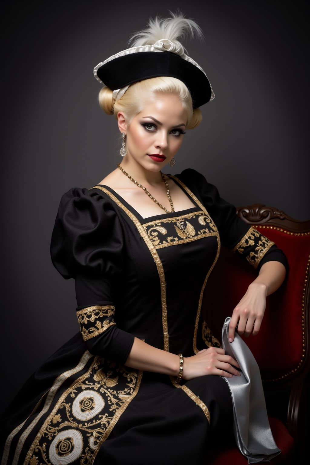 A photograph of a blonde woman performing cosplay as Anne of Austria, a portrait of a woman dressed in a black dress adorned with gold embroidery. The woman's head is adorned with a black cap, adorned with white feathers and a white ribbon. Her hair is styled in a bun, adding a touch of warmth to the scene. Her dress is adorned in a intricate pattern of black, white, and gold, while her left hand is draped in a silver scarf. The backdrop is a dark gray, and a chair with a red velvet seat is positioned to the right of the woman.