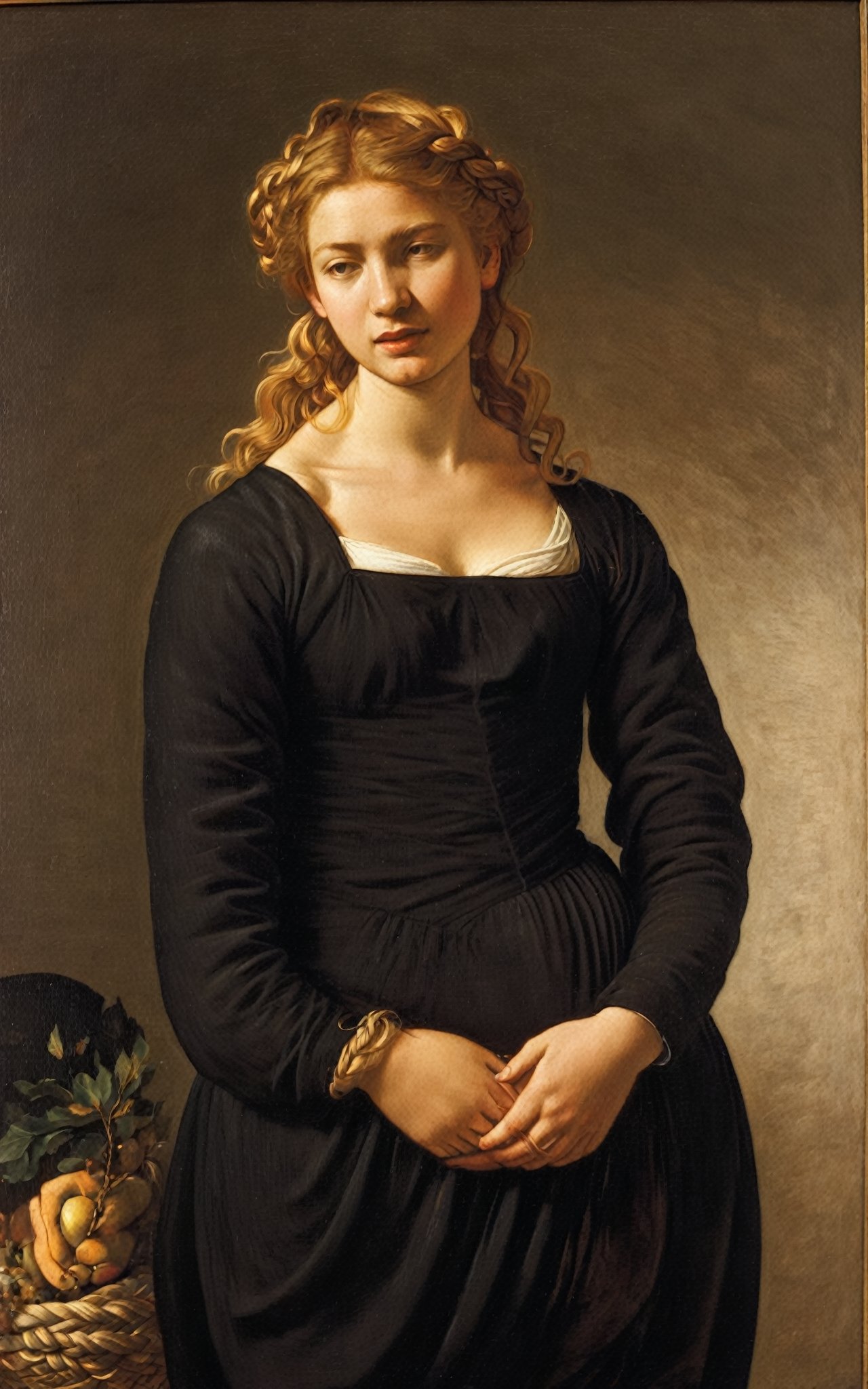 A serene portrait of a peasant girl, 18yo, with long, golden blonde hair, stands tall in a simple homespun dress, its heavy fabric shimmering under warm, golden light. Framed from the waist up, her flowing homespun and braided locks take center stage. The soft glow highlights the gentle curves of her face and subtle smile, as if captured in a fleeting moment of quiet contemplation. Oil on canvas by Caravaggio ca 1600