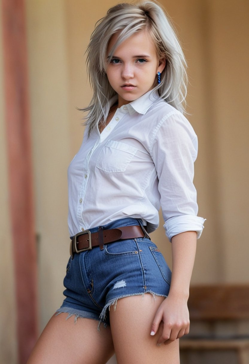 A sultry outdoor setting: A young girl, her piercing gaze unwavering. She sports a crisp white shirt cinched at her waist by a belt, while her short denim shorts showcase toned legs. Her confident pose features a dynamic rear view, as she stands with one hip cocked, tattered tight cutoff jeans with fringe framing a perfectly rounded rear end that peeks out from beneath the hem. The blurred background fades into obscurity, focusing our attention on her unapologetic pose and radiant hair.