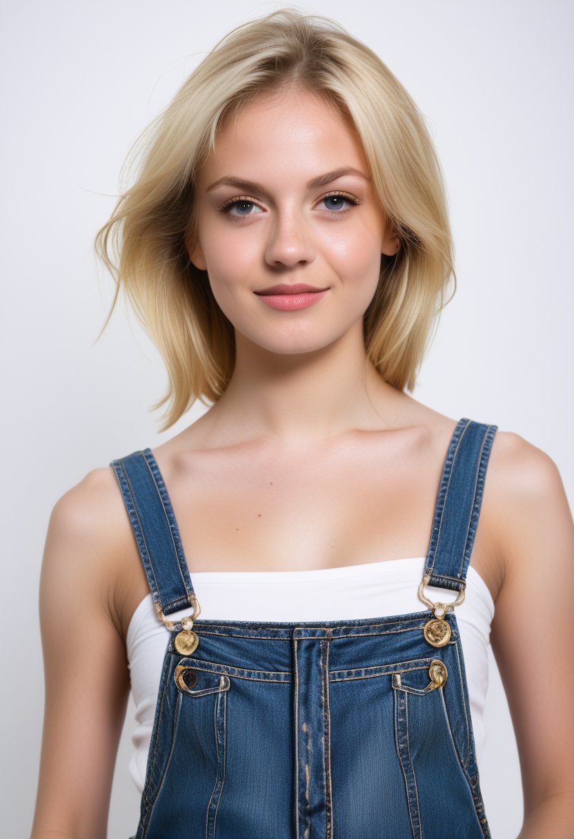 young woman with short, blonde hair and a scattering of freckles across her cheeks sits in front of a pure white background, her bare shoulders and upper body visible. Her eyes are cast slightly downward, while her lips curl into a subtle smile. A pair of overalls hangs loosely from her waist, adding a touch of playfulness to the otherwise minimalist composition. Soft, natural light illuminates her features, accentuating the texture of her skin. Photographer Richard Avedon, 1girl, dynamic pose 