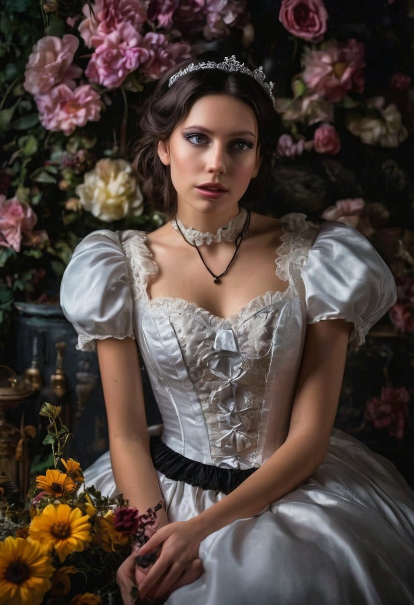 Enigmatic and beautiful woman in an Alice in Wonderland setting, crying obsidian black tears, deep emotional expression, surreal and whimsical atmosphere, Victorian dress, gothic elegance, ethereal glow, fantastical surroundings, hyperrealistic, dramatic chiaroscuro lighting, whimsical elements like oversized flowers and curious creatures, magical and dreamlike quality.,1girl