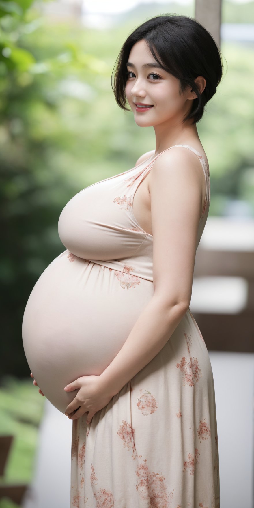 (Upper Body, Face focus), 1 girl, Master piece, best quality, 8k, (40 weeks pregnancy wife), ((Very Giant belly pregnant, plump)), very short hair, smile, beautiful and cute, (huge_breasts, Huge_Hip), Blurry background, (lJapanese colors Maternity loose Summer Dress)