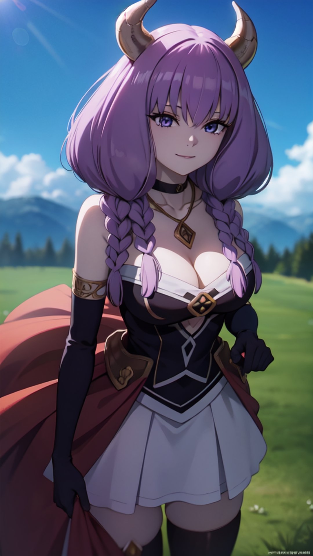 aura the guillotine, ,aura the guillotine, long hair, (purple eyes:1.1), purple hair, braid, horns, twin braids, smile,mini_skirt, thighhighs, gloves, choker, black gloves, elbow gloves, magical girl,BREAK outdoors, park, sun, sky, cloud,BREAK looking at viewer,BREAK .(masterpiece:1.2), best quality, high resolution, unity 8k wallpaper, (illustration:0.8), (beautiful detailed eyes:1.6), extremely detailed face, perfect lighting, extremely detailed CG, (perfect hands, perfect anatomy),betterhands.cleavage.(large breasts:1.2).(upper body )