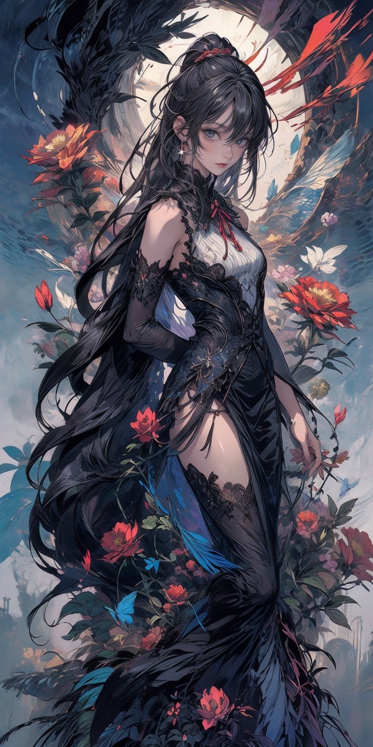 (Anime-style:1.3), (Dark and intense:1.2), (Gray eyes, black hair, medium hair, wavy hair, small breasts, 1girl), full body, blushing,alice in wonderland,butterfly, feather, roses, laces, ribbons,