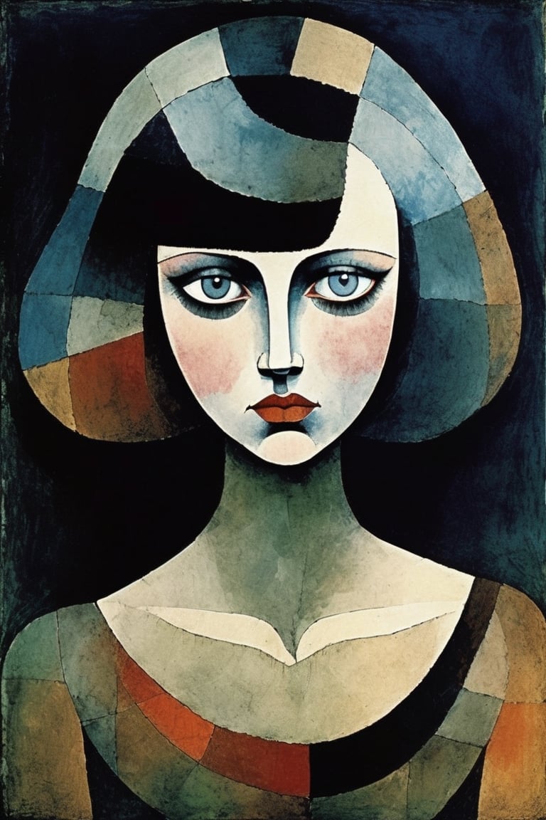 Paul Klee abstract portrait beautiful delicate woman, big eyes, cinematic,  Darkness, eerie, mysterious, modern vintage,  hypnotic gaze, layered colored alcohol wash over fine line sketch, Rich deep colors,  beautiful patterns, ethereal Hollywood lighting, style by Paul Klee, 