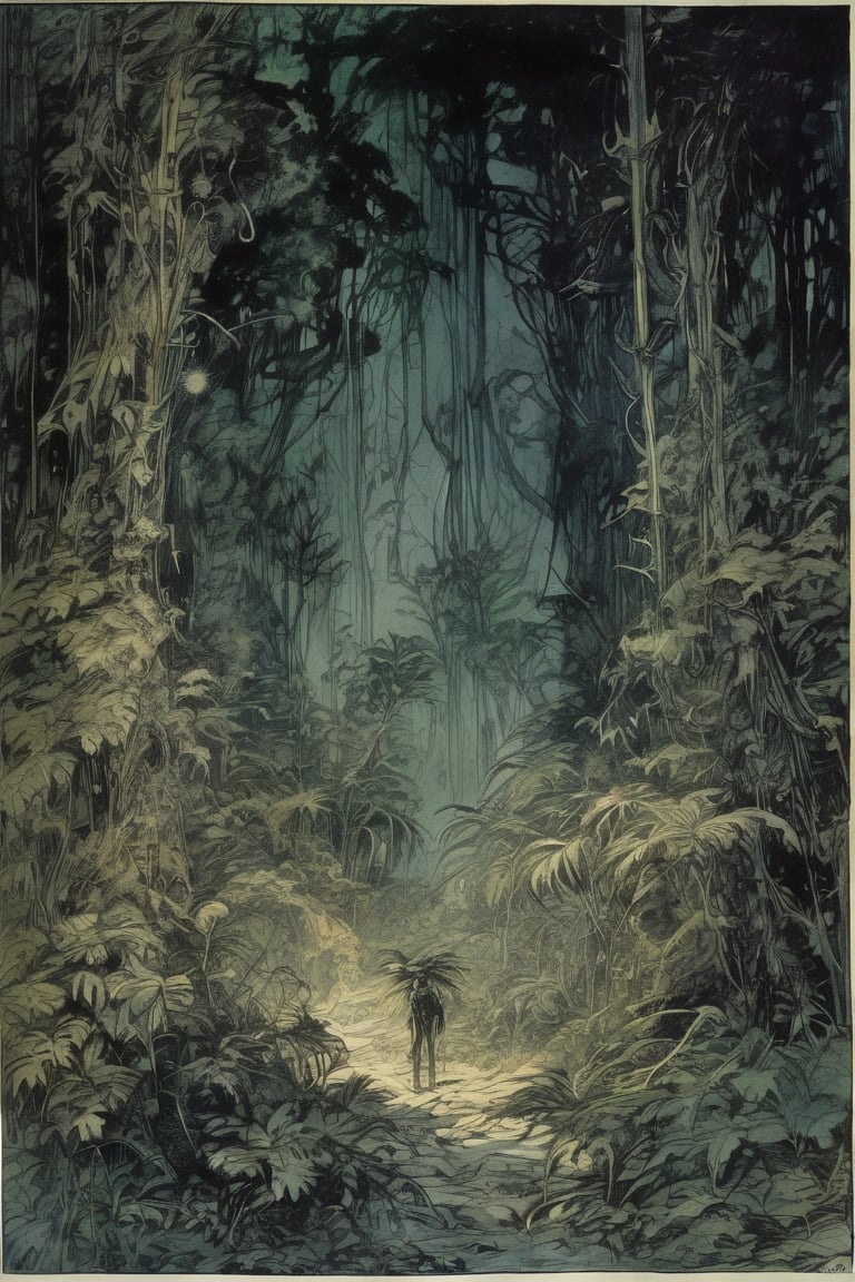 hiding in the dark forest, sci-fi timid creatures avoiding galactic terrors, camouflaged , ominous alien pursuit, dense jungle vegetation, backdrop of stellar wonder, cinematic highly detailed, movie concept art, style by Arthur Rackham