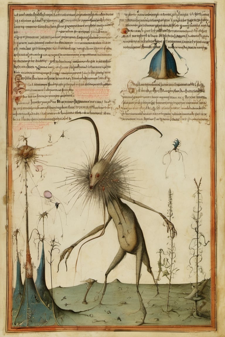 a tall creature from another dream on another planet, in Voynich Manuscript by Hieronymus Bosch,BugCraft