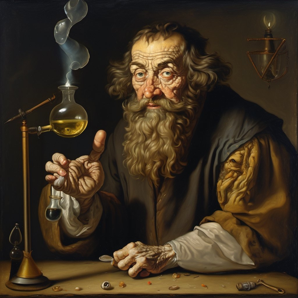 oil painting of ancient alchemist , wrinkled, mottled beard, eyes squinting, illuminated by sparking alchemy apparatus,  intricate details, style by David Teniers the Younger and Rembrandt,alchemy