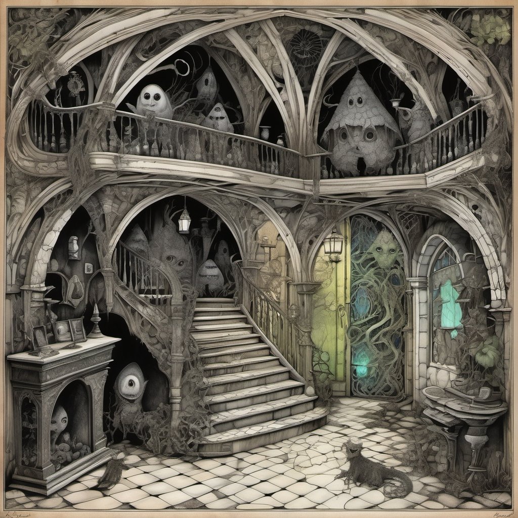 zentangle mansion gothic architecture with CGI germ monster character, Scary but charming gremlin creature emerging from hidden door, mysterious atmospheric lighting, layered alcohol ink wash with fine pen outline, non-Euclidean geometry, magical surprise, style by Arthur Rackham, Edward Gorey, escher