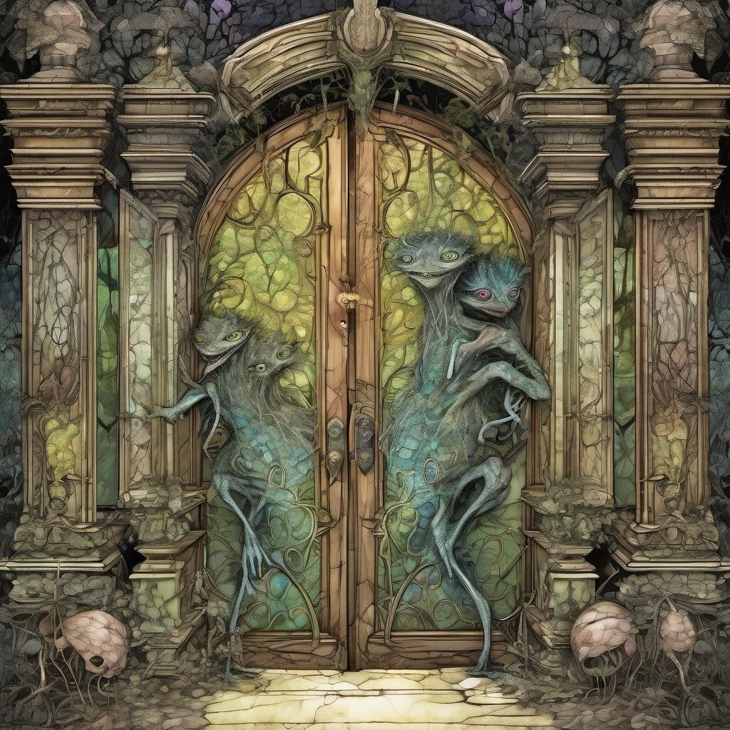 magical fantasy forest,, CGI germ monster characters Scary but charming gremlin creatures sneaking through  hidden ornate antique doors,  clear vibrant colors, fractal biologic detail, mysterious atmospheric lighting, layered alcohol ink wash with fine pen outline, style by Arthur Rackham and Leonora Carrington