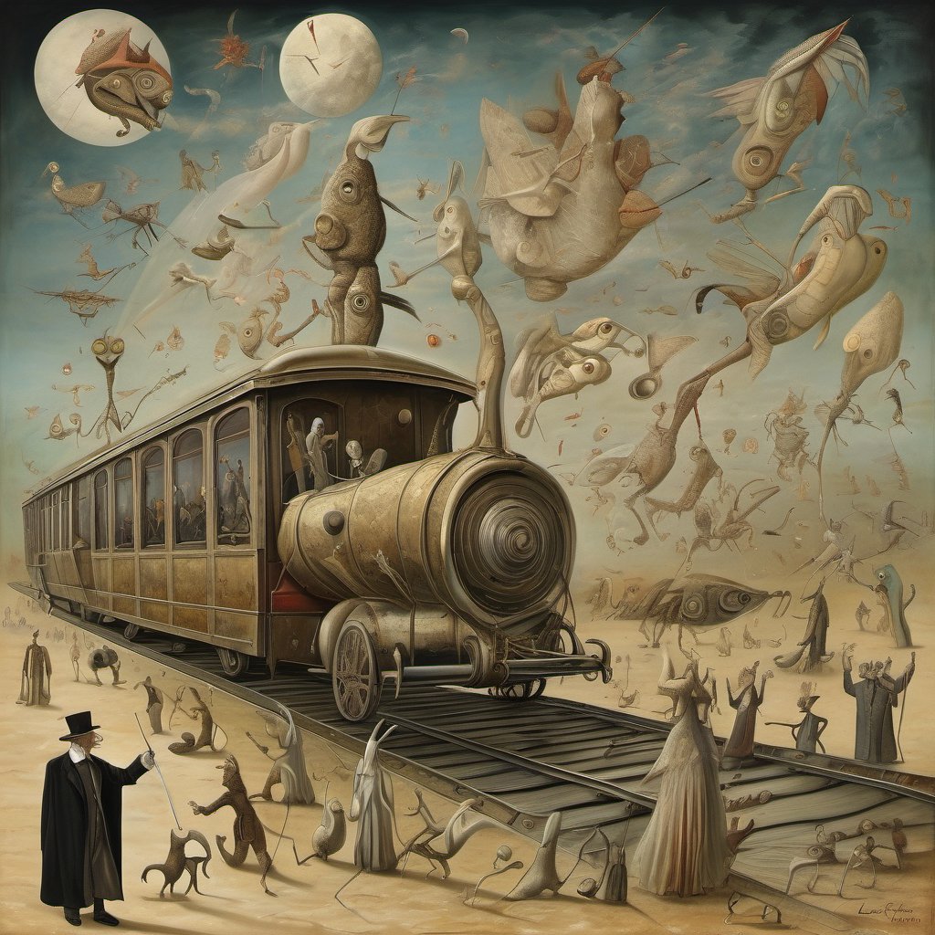 orchestra maestro conducting a train , once they disappear it’s a beautiful day, surreal, absurd grotesque story, featuring Unique characters interacting in a surreal dream, imbued with magical realism and whimsical flair, masterpiece, highly detailed, style by Leonora Carrington and Max Ernst
