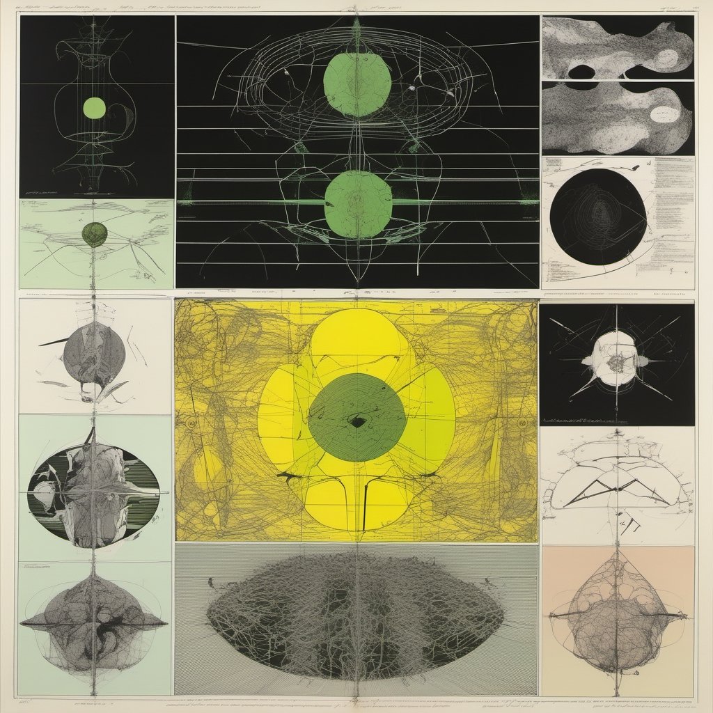 minimalist dream frequency permutations of left-handed thorn-bush,  Quantum chromodynamics chirality, nightmare cartography, frequency bar scale textures, abstract surreal sci-fi,  silkscreened mind-bending illustration; dramatic sci-fi poster art, muted secondary colors, asymmetric, by Graham Sutherland 