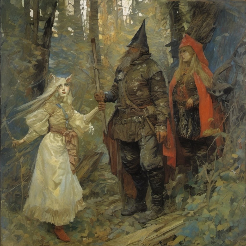 beautiful face, weird bewildering beautiful Russian fairy tale, painting of rustic folklore subjects, thieves heroes kings peasants beautiful-damsels terrifying-witches enchanted-children crafty-animals, epic cinematic light, bold oil-paint brush strokes, style by Mikhail Vrubel and Viktor Vasnetsov