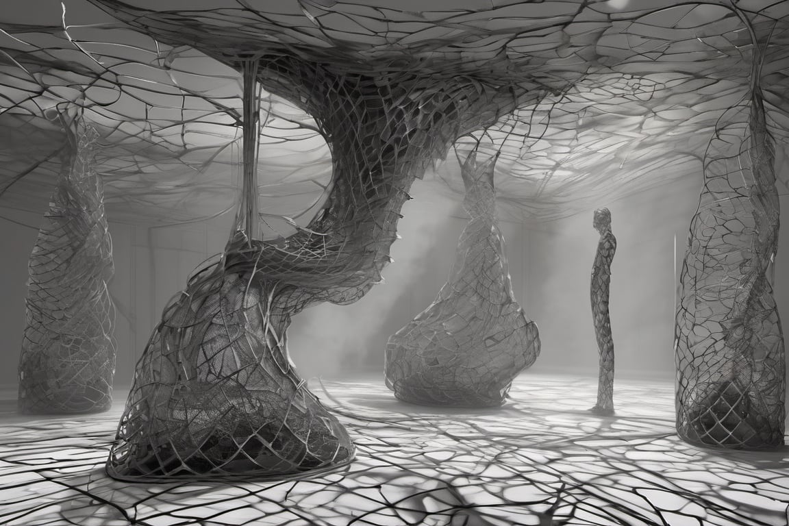 Sinister atmosphere infuses a magic realism scene, wire mesh sculptures twisting into surreal forms, shadows cast elaborate patterns over the backdrop, ambient occlusion adds depth, chiaroscuro enhances the ominous mood, silvery wire reflections glinting, atmospheric fog swirling, eerie silence palpable, digital painting, ultra realistic.