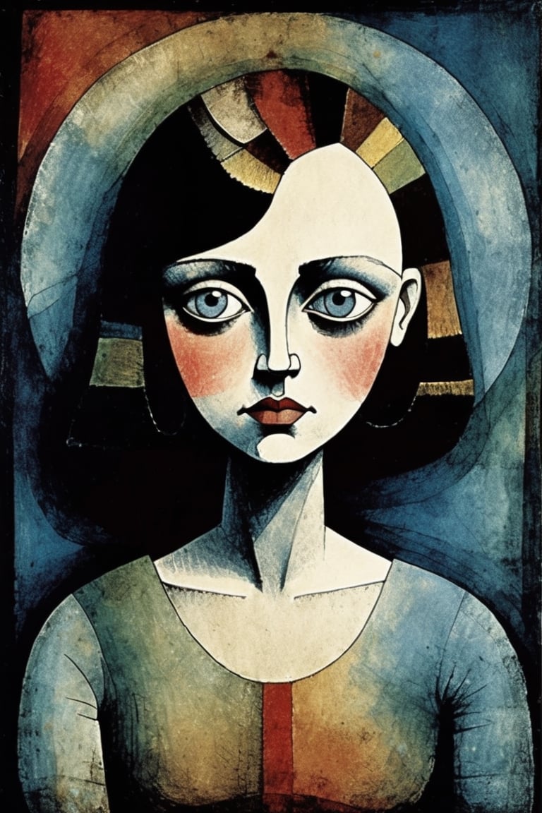 Paul Klee abstract portrait beautiful delicate woman, big eyes, cinematic,  Darkness, eerie, mysterious, modern vintage,  hypnotic gaze, layered colored alcohol wash over fine line sketch, Rich deep colors,  beautiful patterns, ethereal Hollywood lighting, style by Paul Klee, 