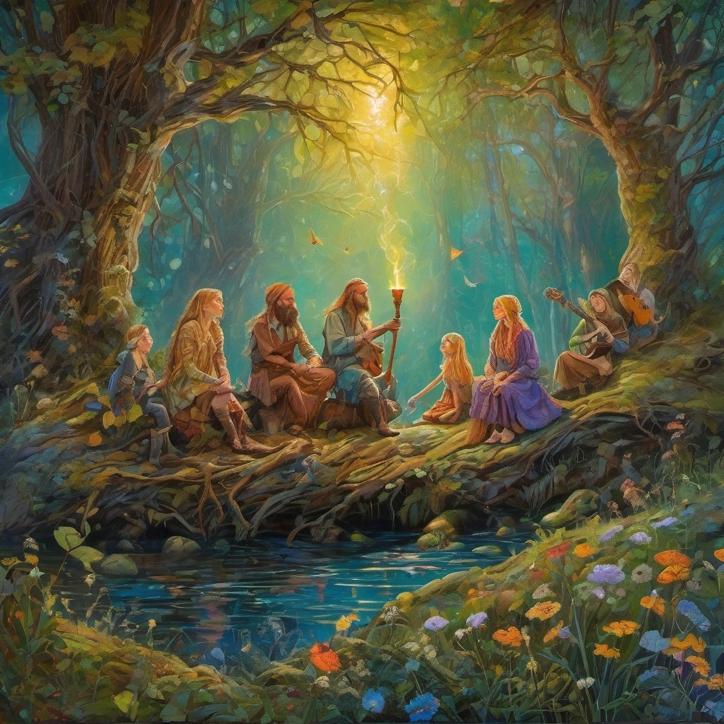 beautiful face mythical scene) with tuatha dé danann, Buganda and his wives, breathtaking scene of discovery,  lovely fae children.  fae folk.  fae Hygge, sprites play, highly detailed, beautiful atmospheric lighting, acrylic palette knife, in the style of Josef Mánes, Václav Brožík,