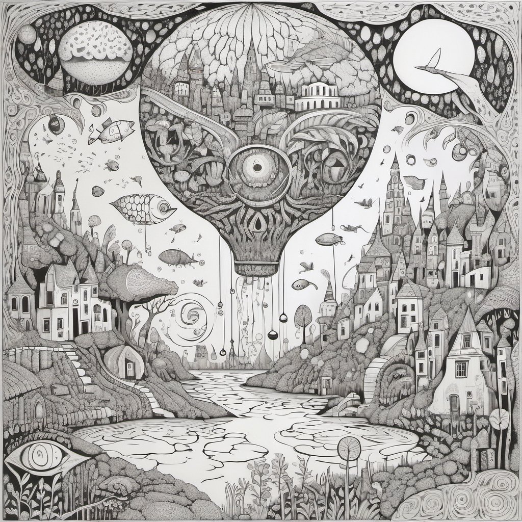 black and white continuous line drawing ,  Whimsical Dream surreal landscape, lucid dreaming. dream-like elements, detailed  harmonious composition. imaginative world with intricate patterns  whimsical details, black technical pen on white smooth illustration board,aw0k straightsylum