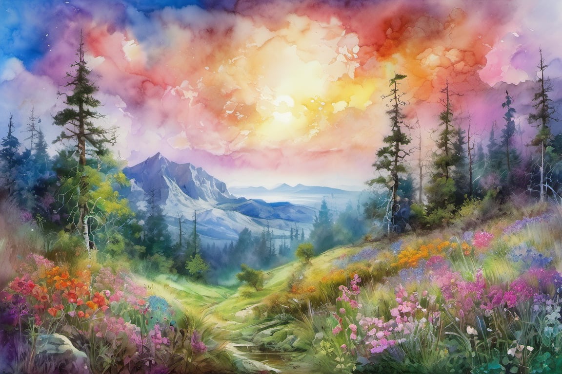 magical lush Landscape, vibrant meadow under a spellbinding sky, where the flora and fauna exude a magical aura, snowmelt wildflowers forest, alcohol ink, vivid colors, pencil line art,  ink, watercolor, sharp focus, studio photo, intricate details, style by Konstantin Makovsky, Mikhail Vrubel, Isaac Levitan, Boris Kustodiev, Ivan Aivazovsky,