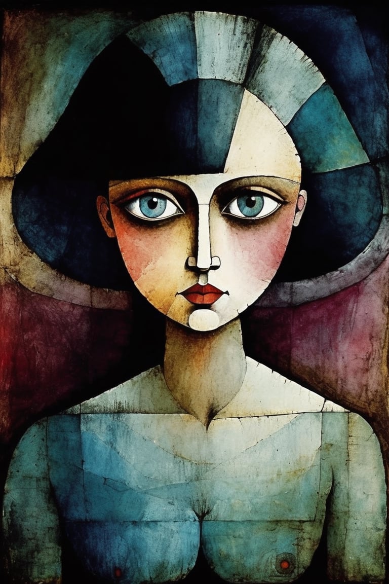 Paul Klee abstract portrait beautiful delicate woman, big eyes, cinematic,  Darkness, eerie, mysterious, modern vintage,  hypnotic gaze, layered colored alcohol wash over fine line sketch, Rich deep colors,  beautiful patterns, ethereal Hollywood lighting, style by Paul Klee, 