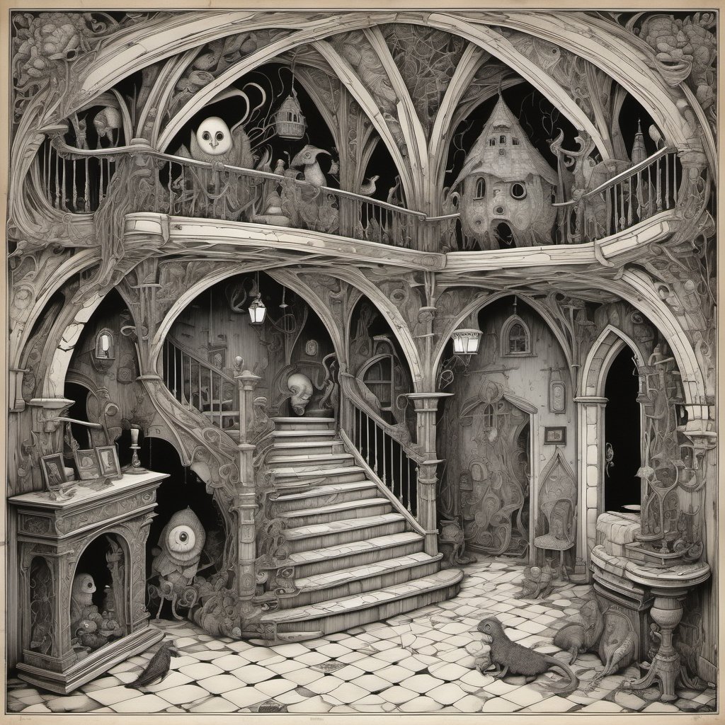 gloomy basement with lovable dynamic anthropomorphic creatures interacting  zentangle mansion, gothic architecture, ornate detail, non-Euclidean geometry, magical surprise, style by Arthur Rackham, Edward Gorey, Escher
,more detail XL