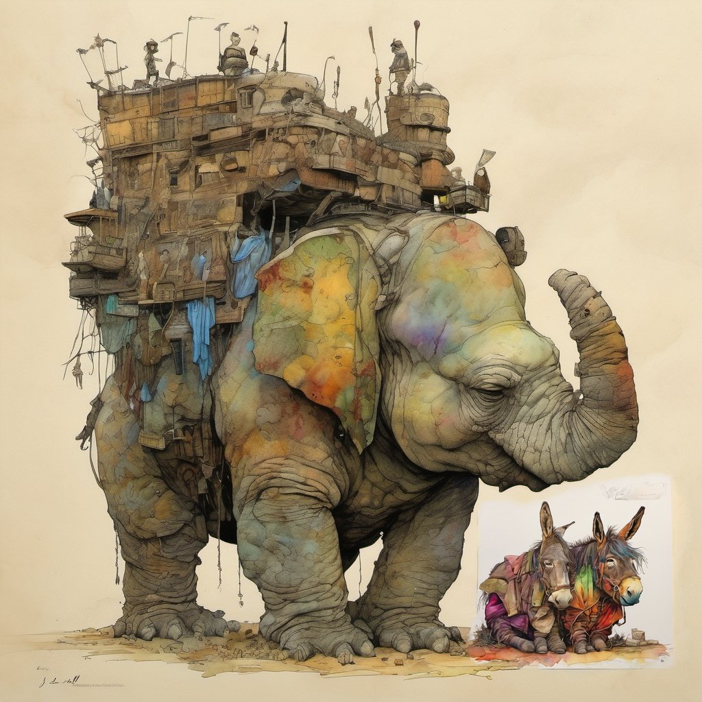 layered alcohol ink and pen  donkey, ,vibrant triadic color, smoothe illustration board, style by Jean-Baptiste Monge