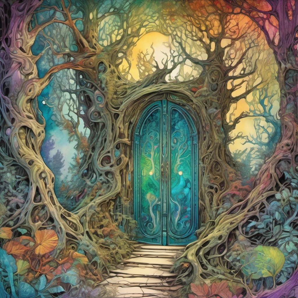 lovable dynamic anthropomorphic creatures emerging from hidden doors scattering fantasy forest, sentient watching trees, vibrant colors, fractal biologic detail, mysterious atmospheric lighting, layered alcohol ink wash with fine pen outline, style by Henry Justice Ford,,more detail XL