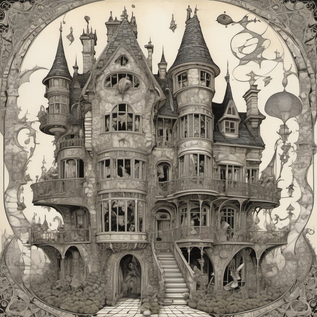 lovable dynamic anthropomorphic creatures interacting in a zentangle mansion, gothic architecture, ornate detail, non-Euclidean geometry, magical surprise, style by Arthur Rackham, Edward Gorey, Escher
,more detail XL