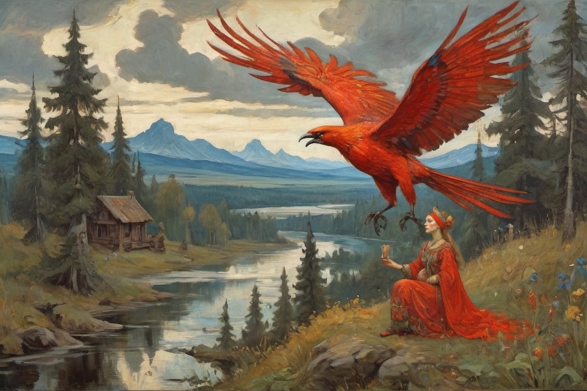 beautiful face, weird bewildering beautiful russian fairy tale, glorious Firebird, flowing crimson-red plumage, painting of folklore subjects, thieves heroes kings peasants beautiful-damsels terrifying-witches enchanted-children crafty-animals, epic cinematic light, bold oil-paint brush strokes, style by Viktor Vasnetsov and Ivan Bilibin,oil painting